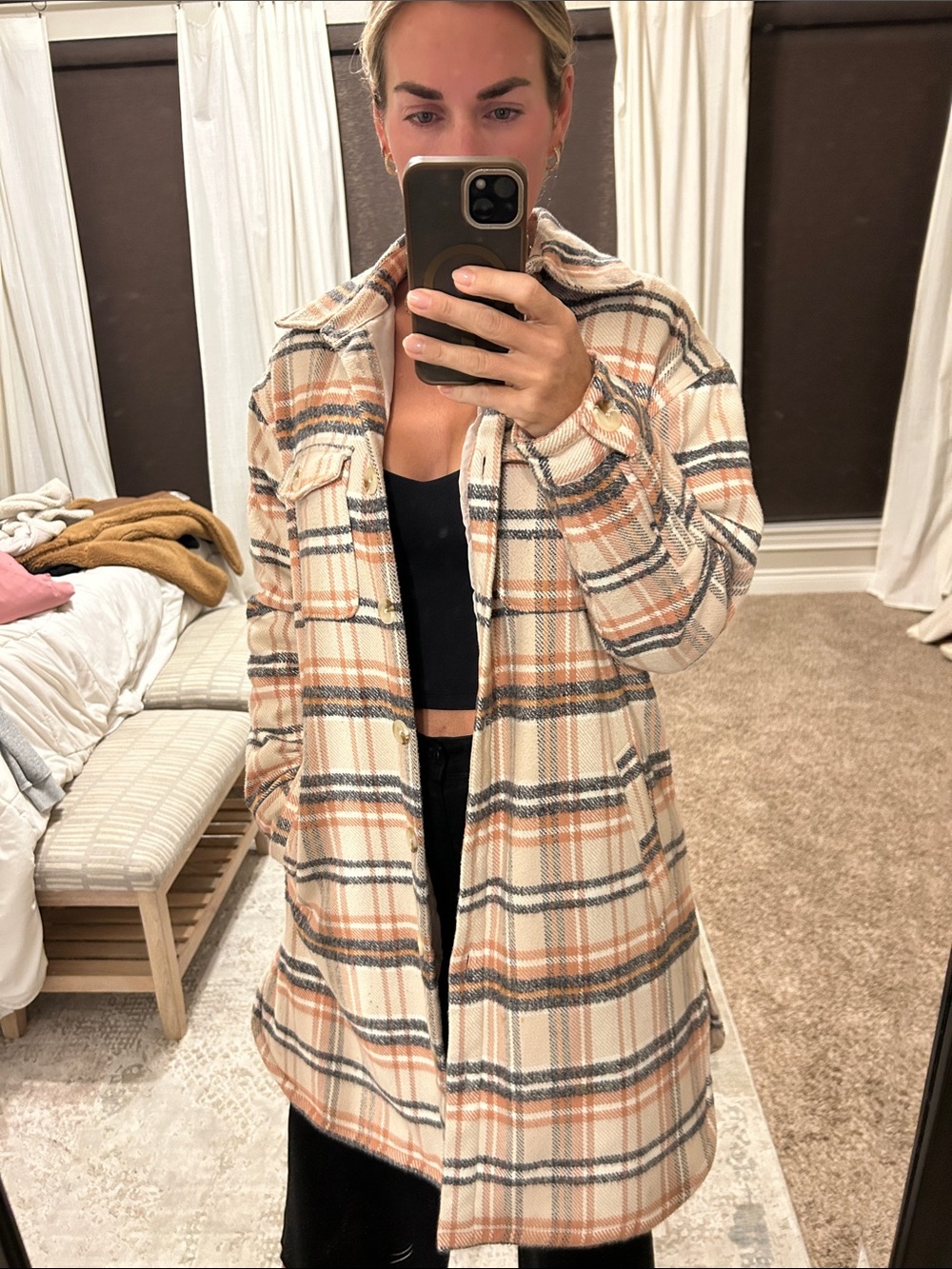 Universal Thread Plaid Long Shacket in Cream, Tan & Black
